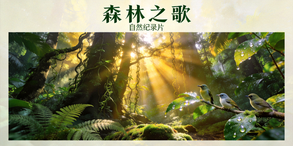 自然纪录片《森林之歌》海报 - 清晨阳光穿透茂密热带雨林